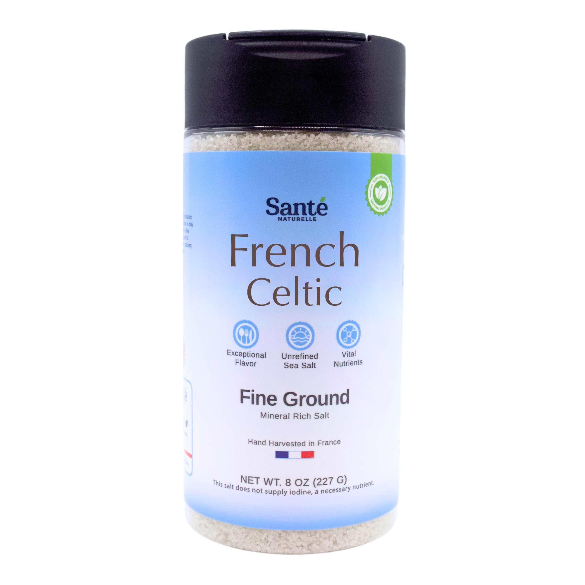 Sante French Fine Ground Sea Salt Shaker - Rich in 82+ Minerals, Organic, 100% Natural & Hand Harvested - 8 oz. Celtic S